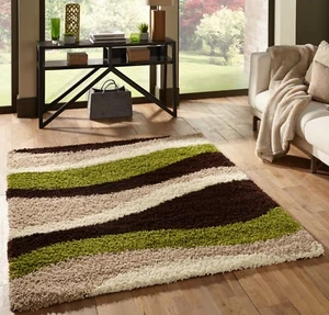 SMALL EXTRA LARGE BEIGE GREEN STRIPED WAVEY THICK SOFT RUG MODERN SHAGGY RUGS - Picture 1 of 4