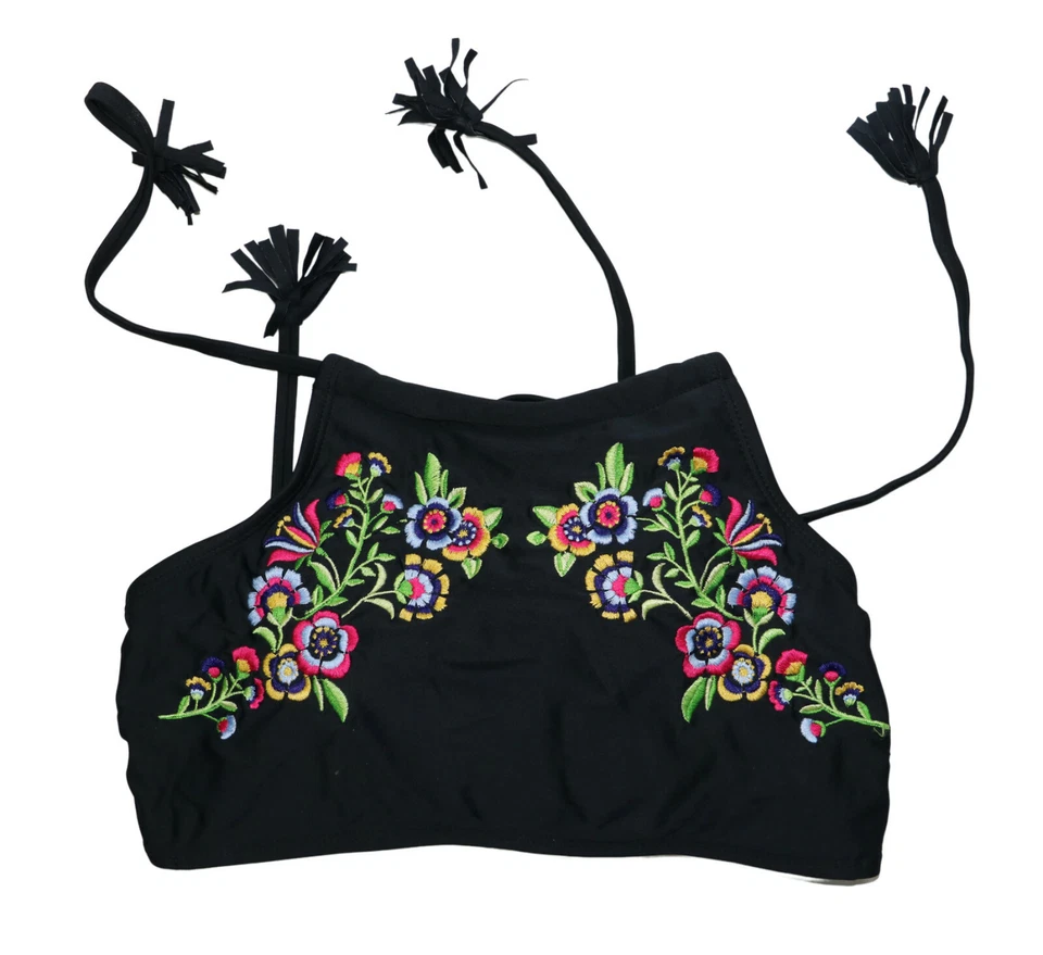 California Waves Floral Embroidered High Neck Juniors Bikini Top M NWT Black - Image 1 of 1