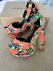 River Island Orange Floral Tropical Print Pattern Platform Heels Size 3 - Picture 1 of 12