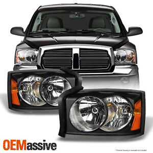Fit 2005 2006 2007 Dodge Dakota Black Bezel Replacement Headlights L+R Headlamps