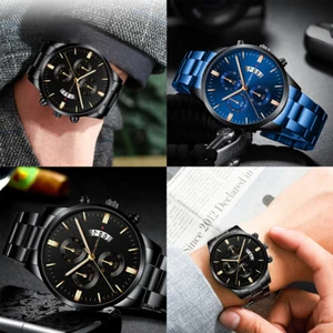 US 1 Pc Men Relojes De Hombre Stainless Steel Hand Chronograph Quartz Classic - Picture 1 of 12