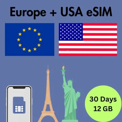 Europe + USA Prepaid Travel eSIM Card 12GB Data 5G/4G Lte 30 Days - Image 1 of 3