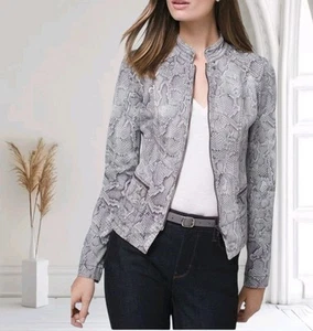 White House Black Market Snakeskin Cotton Jacket Size 8 Gray Full Zip Pockets - Picture 1 of 12