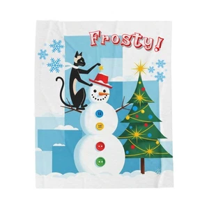 Holiday Velveteen Plüschdecke Frosty Cute Black Cat Weihnachtsbaum 50x60" Spaß - Bild 1 von 10