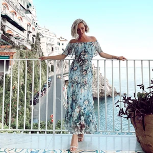 Baltic Born Amalfi gesmoktes Maxikleid schulterfrei Chiffon blau geblümt 1XL - Bild 1 von 10