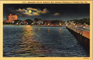 Panama City FL-Florida, Moonlight St. Andrew's Bay Waterfront Vintage Postcard - Picture 1 of 2