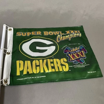 Vintage 1997 Green Bay Packers Coche Bandera Super Bowl XXXI Campeones 2 Caras NFL 90 Foto 1 de 4