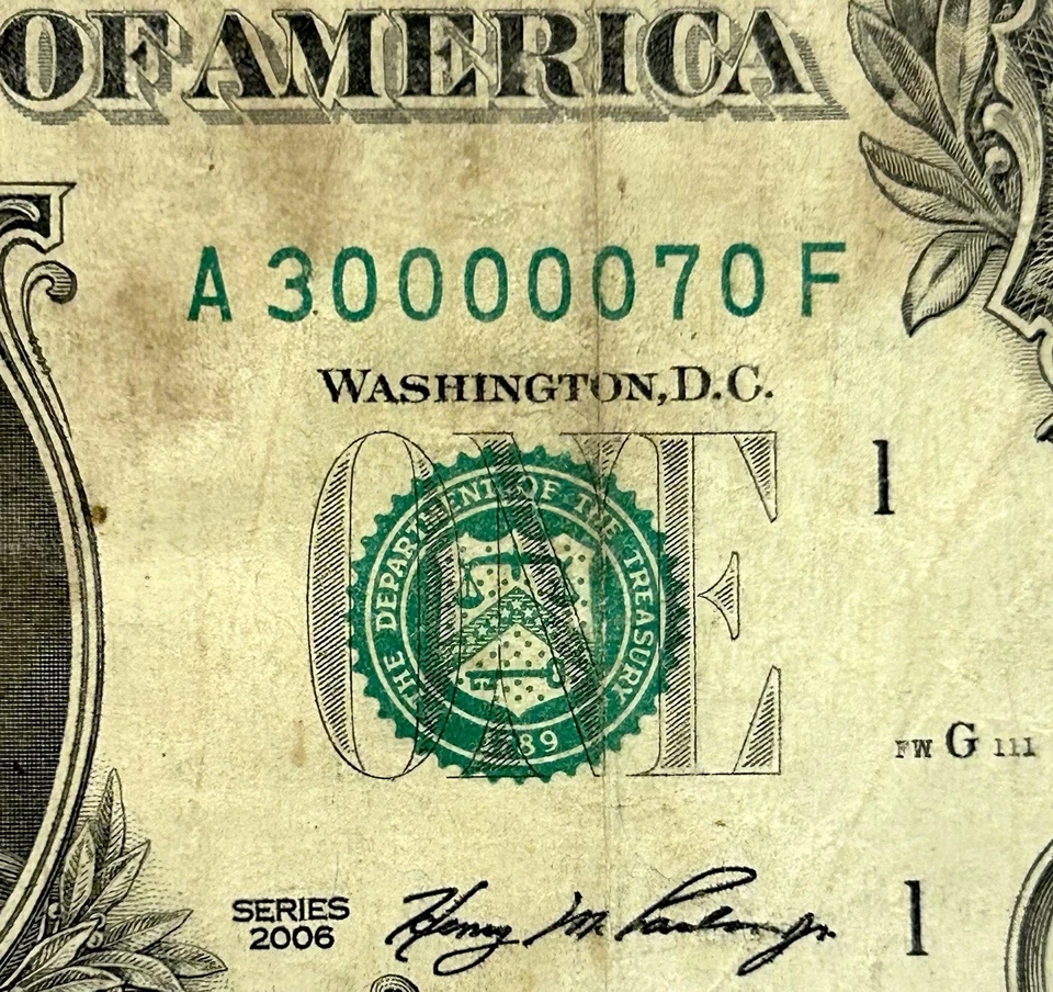 30000070 - Fancy Low Serial - 2006 $1 Bill Federal Reserve Note - Image 1 of 3