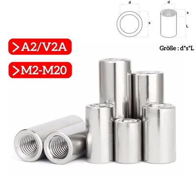 M2 - M20 Verbindungsmuffern rund Edelstahl A2 V2A Langmutter Gewindemuffe mutter - Bild 1 von 4