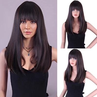 Pelucas rectas de 20 pulgadas para mujer con flequillo cabello sintético pelucas negras hombro Foto 1 de 4