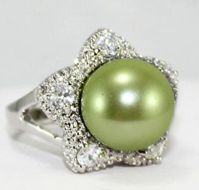 迷人! 12毫米圆形南海贝壳珍珠宝石珠镶嵌锆石戒指AAA — 第 1/4 张图片