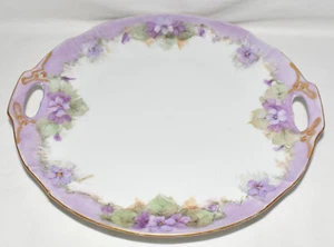 Antique German Serving Platter Hand Painted Porcelain Platter Tab Handles Signed - Picture 1 of 7
