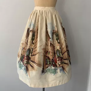 Vintage 1950's Scenic Print Novelty Print 100% Cotton Skirt Waist 31" - Picture 1 of 9