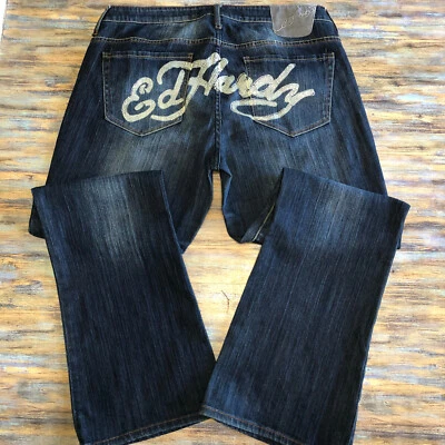 Ed Hardy Jeans Rhinestones Embellished Boot Cut Blue Womens Plus Size 18 - Image 1 of 4