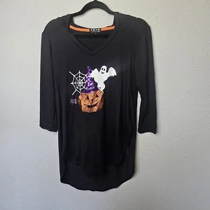 Poof New York Top Womens Small Halloween Tunic Hoody Shirt Black Sequin Pumpkin - Picture 1 of 9