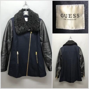GUESS Los Angeles Women's Navy Coat XS UK 4 Faux Fur Trim - Picture 1 of 16