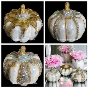 Set of 3 GLAM Stunning JEWELED CAPIZ WHITE PUMPKIN DECOR GOLD BLING NEW - Picture 1 of 11