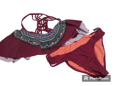 Sz L JUNIORS NWT California Waves 2pc Bikini Swimsuit Elastic Back Burgundy - Image 1 of 4