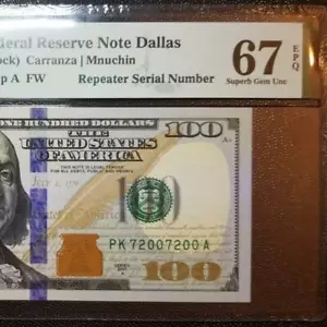 Fr.2189-K 2017A $100 DALLAS REPEATER 72007200 FRN PMG 67EPQ SUPERB GEM NEW UNC - Picture 1 of 3