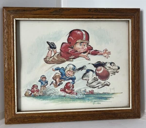 Sporting Sketch Football With dog Cartoonprint in frame 8x10 Wooden Frame VTG. - Picture 1 of 5