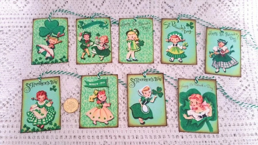 9~St Patrick's Day~Vintage~Retro~Linen Cardstock~Gift~Hang~Tags - Image 1 of 1