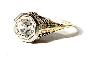 Antiguo anillo de piedra en pasta de oro amarillo y blanco de 14 quilates decorativo filigrana eduardiano 2 ~ talla 5 - Imagen 1 de 7