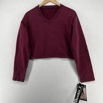 DANSKIN Sweatshirt S/M Nadia Comenici Crop Boxy Fleece V-Neck Cotton Red NEW NOS - Image 1 of 4