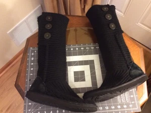 UGG Classic Cardy Knit Tall Sweater Boots Women 9 40 Black Button 5819 - Picture 1 of 9