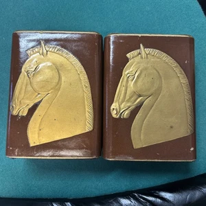 Leder Pferd Buchstützen Gold Reiter Braun Rechteck Türstopper Regale Dekor - Bild 1 von 7