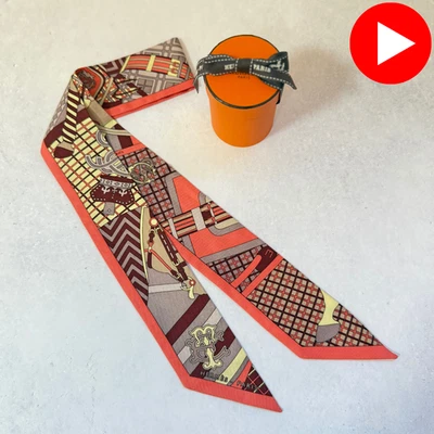 Подлинный Hermès Twilly коралл / бежевый тона цвета шелковый шарф лента 100% с коробкой - Изображение 1 из 4