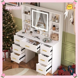 White Vanity Desk Dressing Table w/ LED Lighted Mirror, 7 Drawers Makeup Dresser - Picture 1 of 11