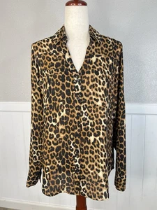 Express Portofino Shirt Womens Sz M Animal Leopard Print Roll Tab Career Office - Picture 1 of 7