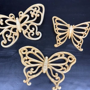 Vintage 1978 Schmetterlinge (3er Set) Homco goldfarben Syroco #7537 MCM Ratan Look - Bild 1 von 8