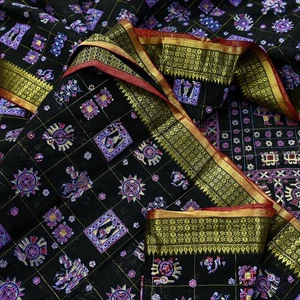 Indian Vintage Sari Black Hand Woven Painted Sarees Pure Cotton Craft Fabric 5Yd - Picture 1 of 21