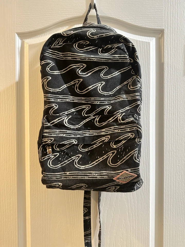 Billabong Black/White Abstract Wave Backpack Canvas Lightweight School Travel - Image 1 of 4