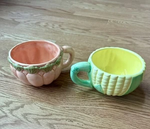 Vintage Majolica Soup Bowls with Handles Carrots & Corn Ceramic Set Of 2 Vegan! - Picture 1 of 6
