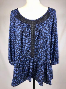Anthropologie HD IN PARIS "Ressica" Blue Black Floral Lace Hi Lo Tunic Top S - Picture 1 of 9
