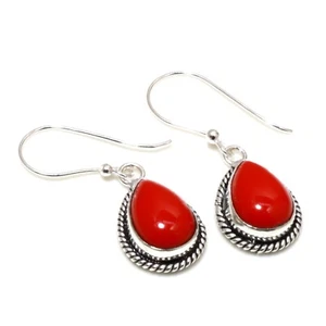 925 Sterling Silver Red Coral Gemstone Handmade Earring Jewelry Size 1.58" - Picture 1 of 3