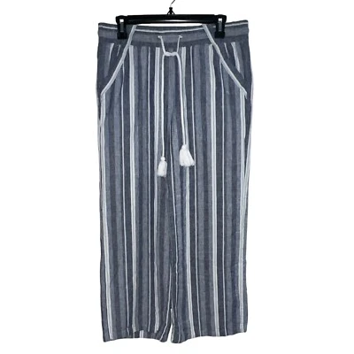 Pantalones para mujer Jolt de pierna ancha talla L mezcla de lino a rayas azul relajado cordón Foto 1 de 4