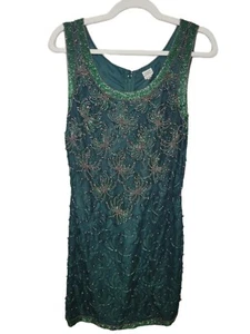 Vntg grün handgeperlentes Midi ärmellos Gatsby Karneval Cocktail Partykleid S - Bild 1 von 10