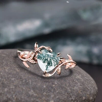 Natural Moss Agate Ring, 925 Sterling Silver, Heart Leaf Ring, Engagement Ring - Image 1 of 3