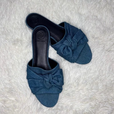 Tory Burch Annabelle Bow Slides Denim Sandals Women's Size 9.5 M Flat - Image 1 of 4
