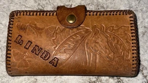 Vintage handbesetzte Leder Geldbörse Brieftasche Boho Western Linda Pferd Eicheln - Bild 1 von 13