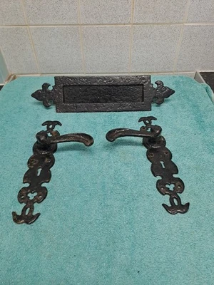 Set of Two Reclaimed Black Antique Style Iron Door Handles With Letter Box  - Image 1 of 4