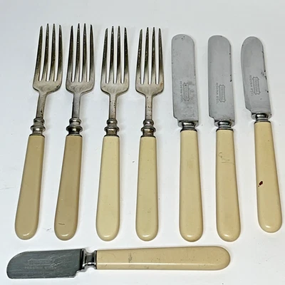 Винтажный универсальный резистент стали искусственной кости ручки 4 вилки 3 ножи 1 масло - Изображение 1 из 4