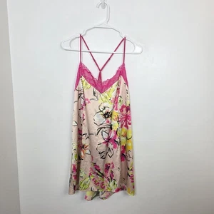 Cacique Pink Yellow Floral Coquette Satin Chemise Lace Trim Tank Top Size 14 - Picture 1 of 6