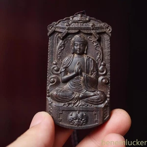 7cm Agarwood Wood Carving Buddha Statue Guardian Deity Pendant Necklace Retro - Picture 1 of 14