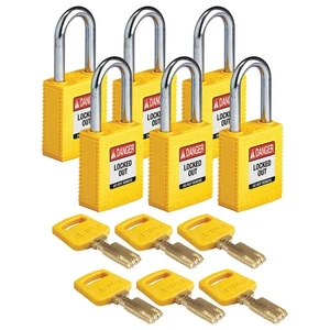 BRADY NYL-YLW-38ST-KA6PK Lockout Padlock,Nylon,Ylw,6 Keys,PK6 55JX69 - Picture 1 of 1