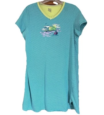 Secret Treasures Sleepwear Women S-M Blue Green Striped Embroidered Island flaw - Image 1 of 4