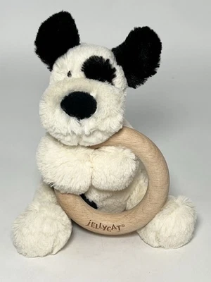 Jellycat Bashful Dog Rattle With Wooden Ring Black and Cream Plush Lovey Stuffy - Image 1 of 4
